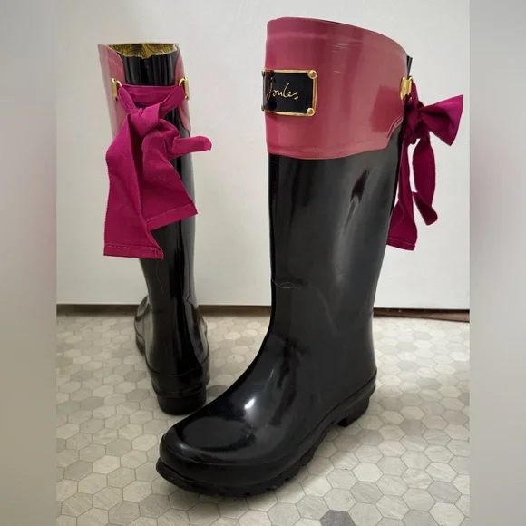 Joules Evedon Rain Boots Wellies - Black & Berry Pink Ribbon Bow - Picture 3 of 9